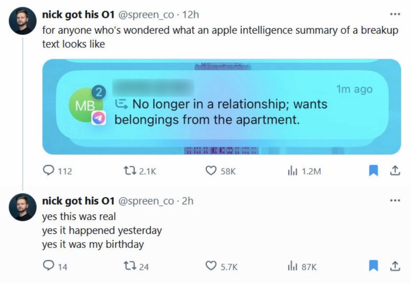 Screenshot of iPhone notification stating a man's girlfriend wished to breakup.