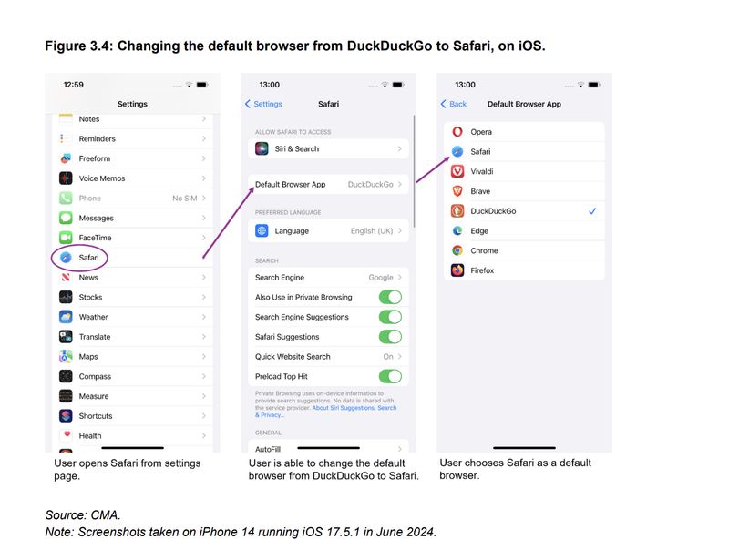 Example of changing the browser on iOS when Safari is not the default. Example of changing the browser on iOS when Safari is not the default.