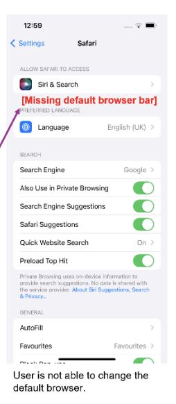 Larger example of changing the browser on iOS when Safari is the default (the dropdown disappears). Larger example of changing the browser on iOS when Safari is the default (the dropdown disappears).