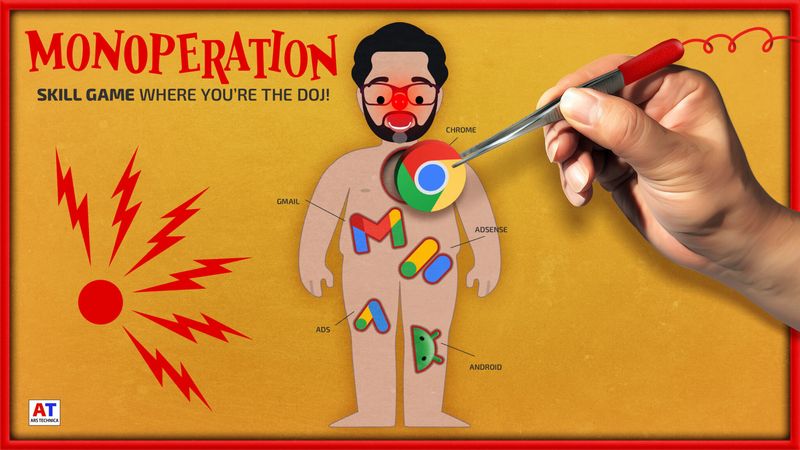 A "game" board that looks like the game Operation, but instead of pieces of internal anatomy there are logos for chrome, gmail, ads, adsense, android and on the board it says "Monoperation: Skill game where you are the DOJ" and the person is removing chrome, and a buzzer is going off
