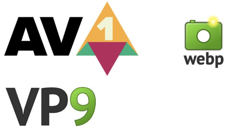 AV1, VP9, and WebP logos AV1, VP9, and WebP logos