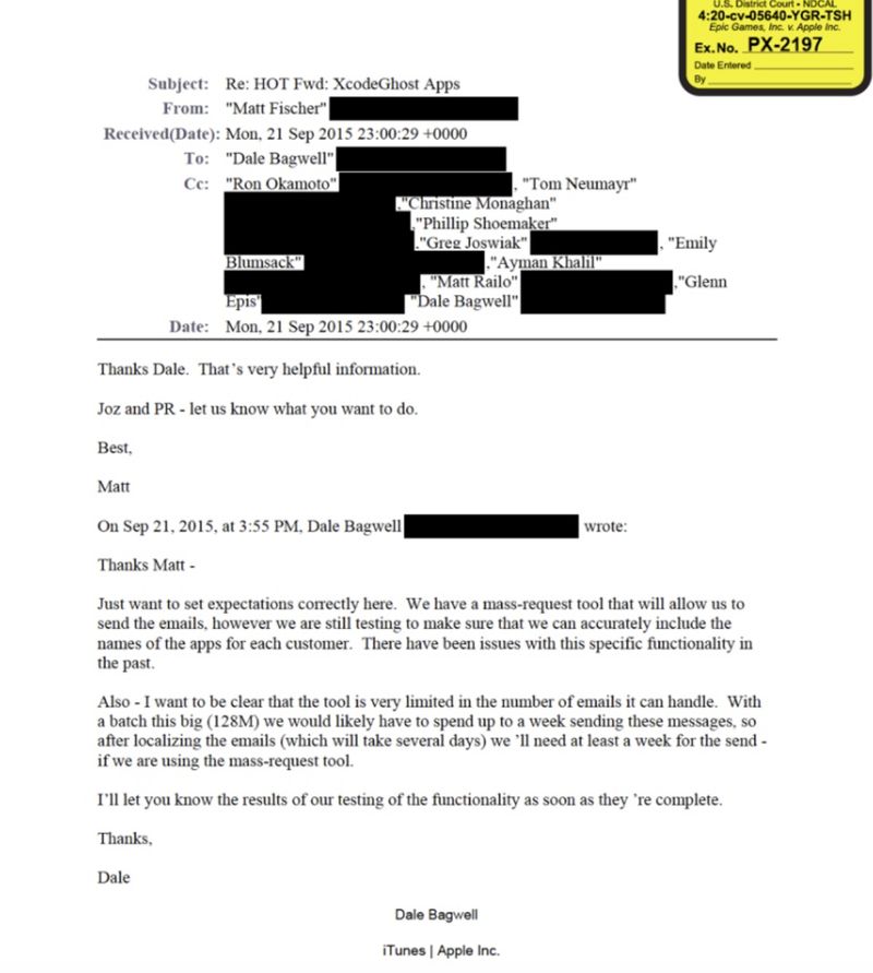 Screenshot of an internal Apple email. Specifically mentions the 128 million affected users.