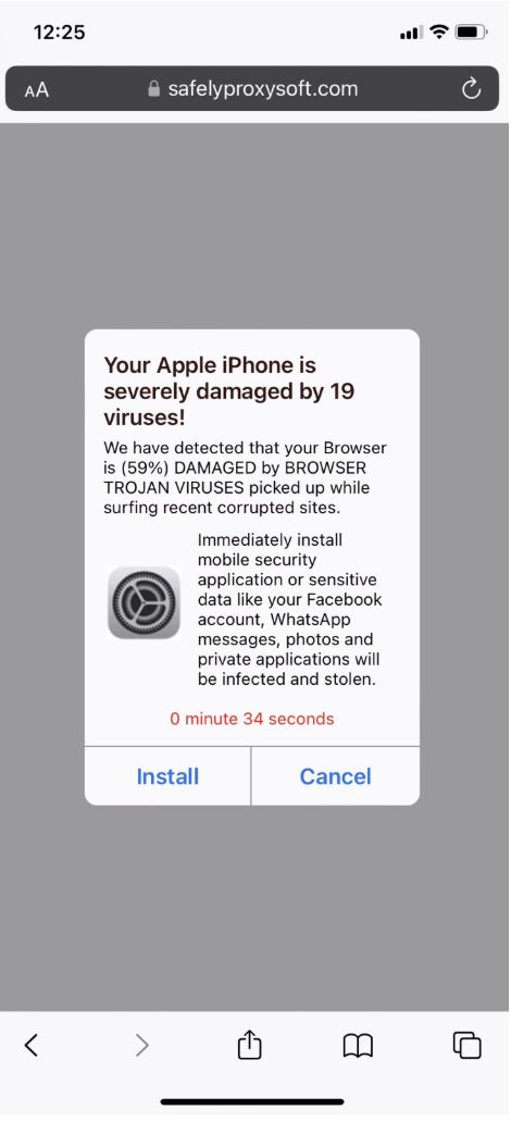 Full page advert on internet reading 'Your phone has been severely damaged by 19 viruses.